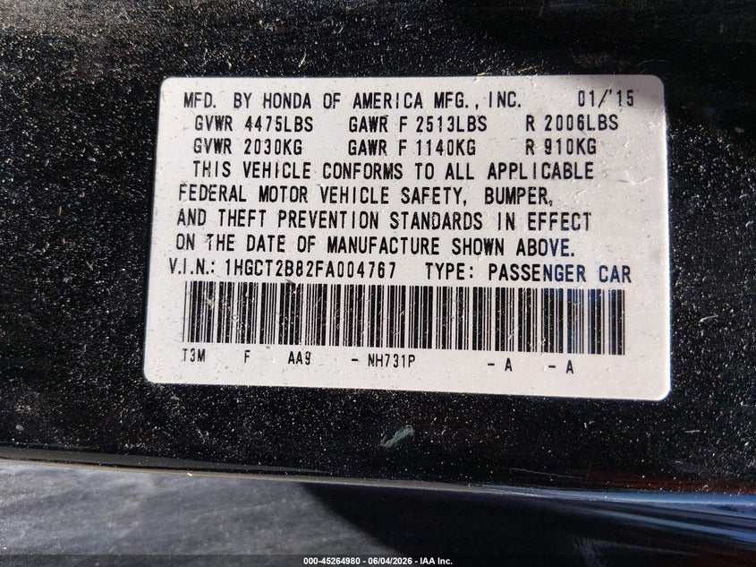 2015 Honda Accord Ex-L V-6 VIN: 1HGCT2B82FA004767 Lot: 45264980