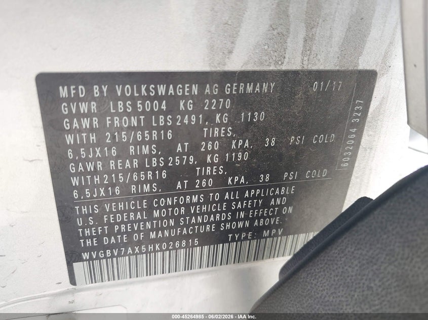 2017 Volkswagen Tiguan 2.0T/2.0T S VIN: WVGBV7AX5HK026815 Lot: 45264985
