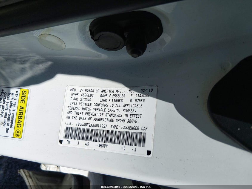 2010 Acura Tl 3.5 VIN: 19UUA8F2XAA014927 Lot: 45265010