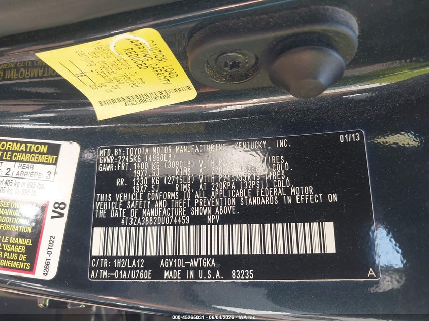 2013 Toyota Venza Xle VIN: 4T3ZA3BB2DU074459 Lot: 45265031