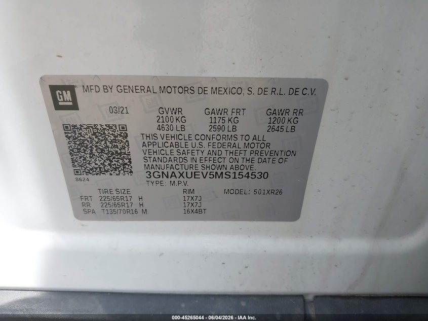 2021 Chevrolet Equinox Awd Lt VIN: 3GNAXUEV5MS154530 Lot: 45265044