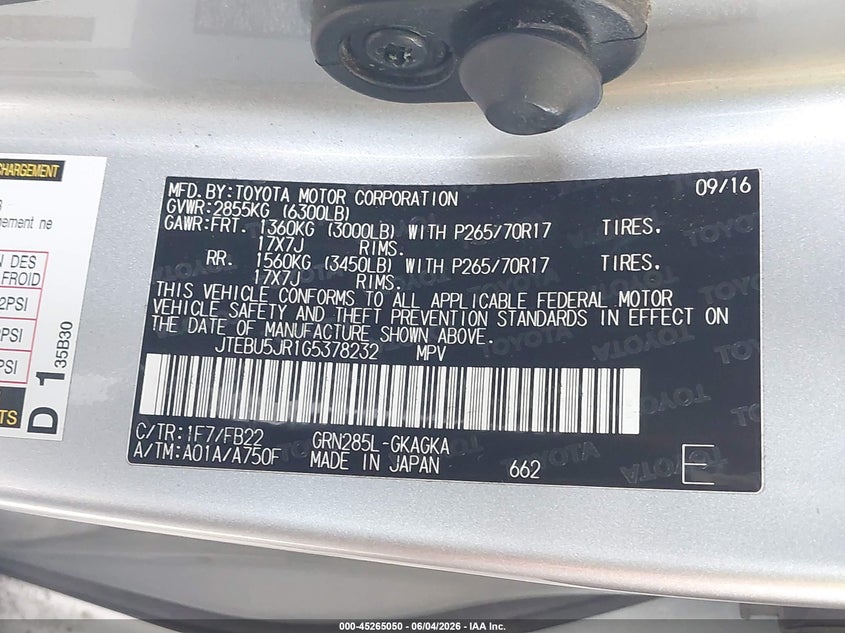 2016 Toyota 4Runner Sr5 VIN: JTEBU5JR1G5378232 Lot: 45265050