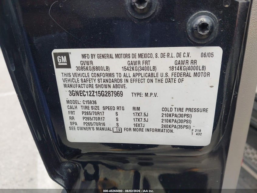 2005 Chevrolet Avalanche 1500 Z66 VIN: 3GNEC12Z15G287969 Lot: 45265080