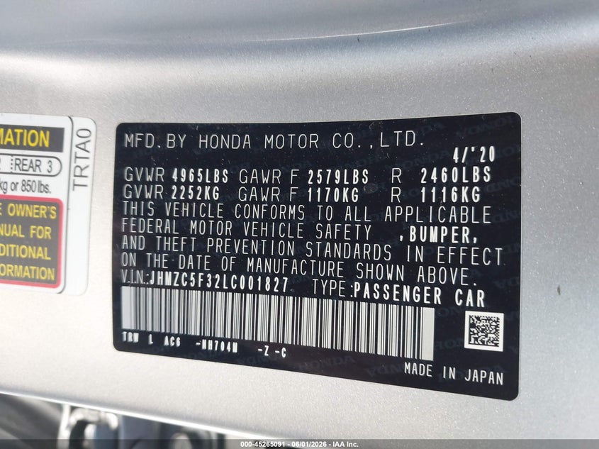 2020 Honda Clarity Plug-In Hybrid Touring VIN: JHMZC5F32LC001827 Lot: 45265091