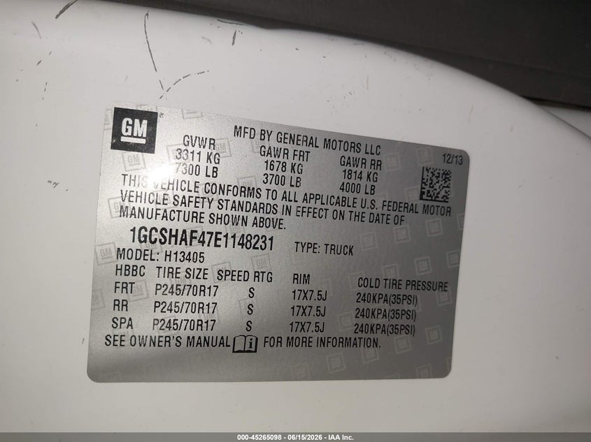 Vin: 1gcshaf47e1148231, lot: 45762917, chevrolet express 1500 work van 20144