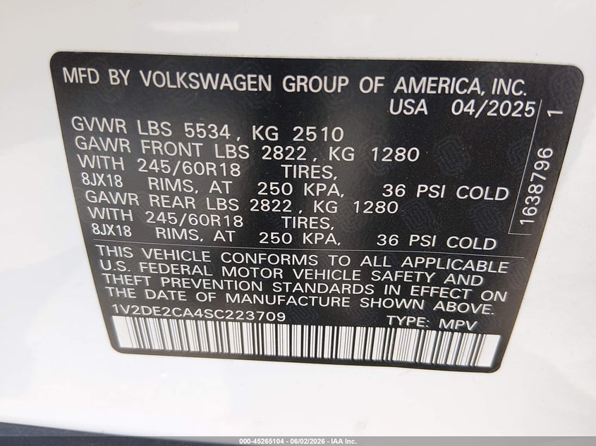 2025 Volkswagen Atlas Cross Sport 2.0T Se VIN: 1V2DE2CA4SC223709 Lot: 45265104