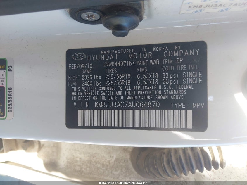 2010 Hyundai Tucson Limited VIN: KM8JU3AC7AU064870 Lot: 45265117