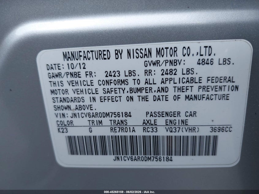 2013 Infiniti G37X VIN: JN1CV6AR0DM756184 Lot: 45265159