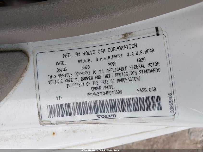 2004 VOLVO V40 WAGON 1.9L I-4 DOHC, VVT, TURBO, 170HP