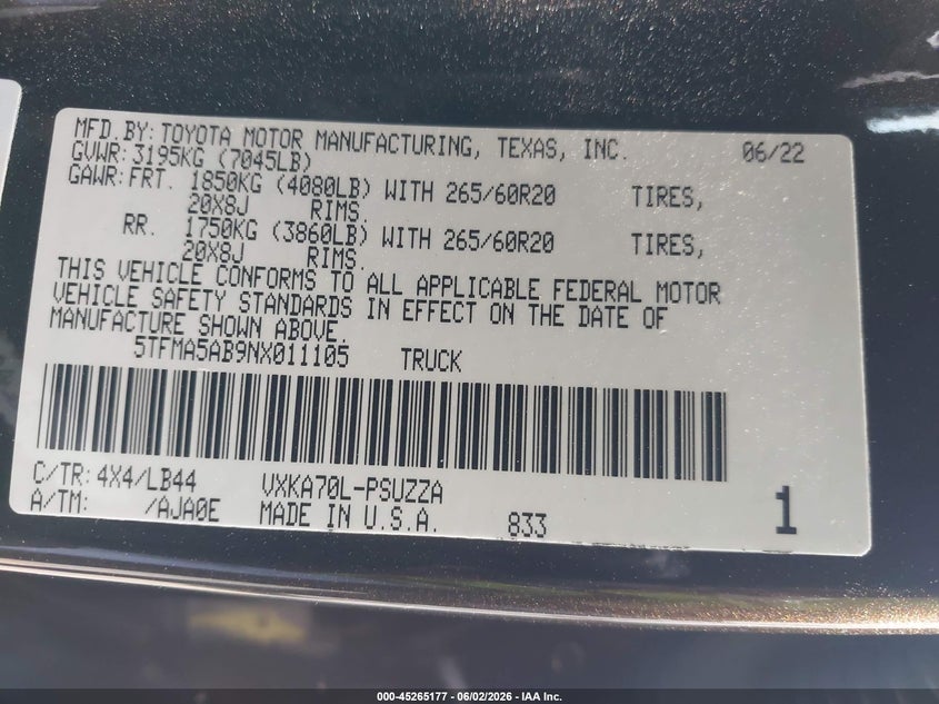 2022 Toyota Tundra 1794 Edition VIN: 5TFMA5AB9NX011105 Lot: 45265177