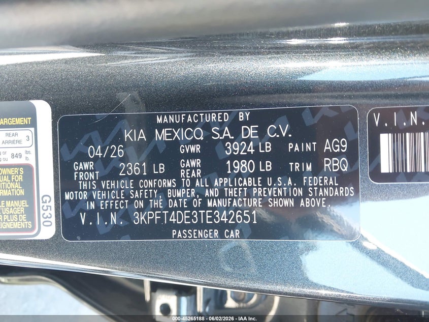 2026 Kia K4 Lx VIN: 3KPFT4DE3TE342651 Lot: 45265188