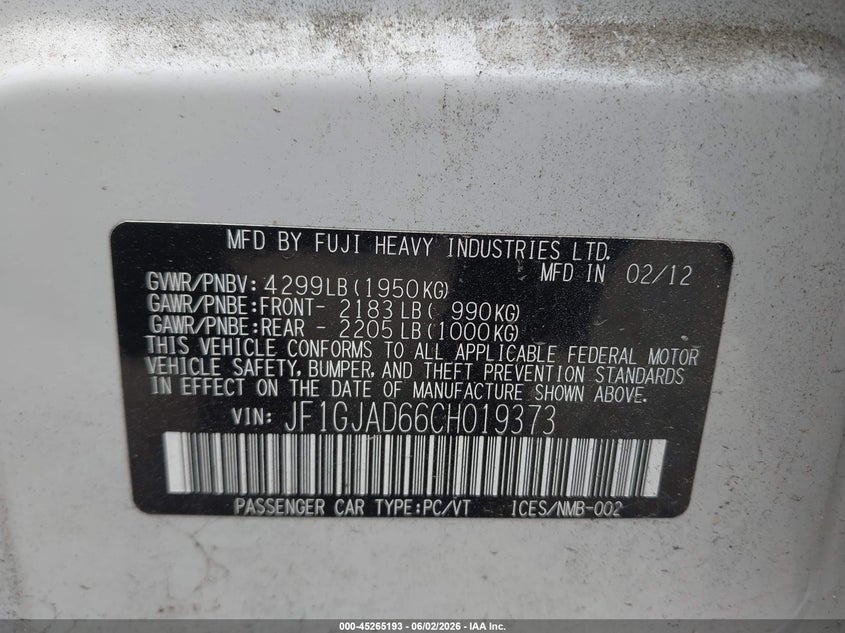 2012 Subaru Impreza 2.0I Premium VIN: JF1GJAD66CH019373 Lot: 45265193