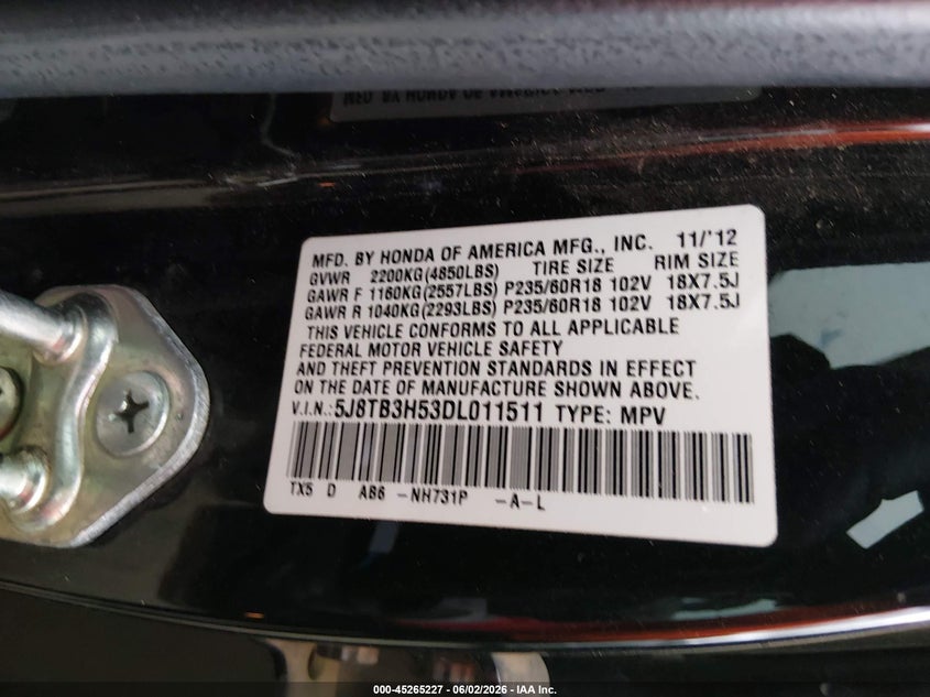2013 Acura Rdx VIN: 5J8TB3H53DL011511 Lot: 45265227