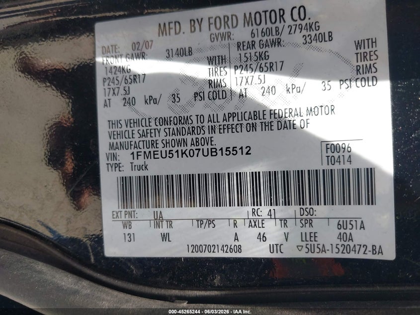 2007 Ford Explorer Sport Trac Xlt VIN: 1FMEU51K07UB15512 Lot: 45265244