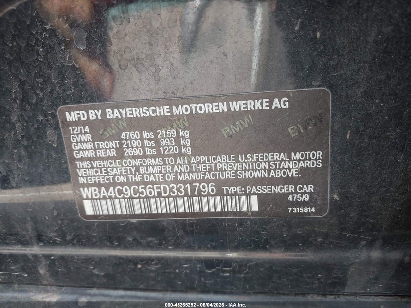 2015 BMW 428 Gran Coupe xDrive VIN: WBA4C9C56FD331796 Lot: 45265252