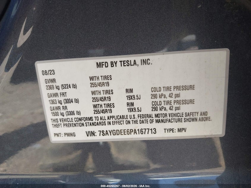 2023 Tesla Model Y Awd/Long Range Dual Motor All-Wheel Drive VIN: 7SAYGDEE6PA167713 Lot: 45265267