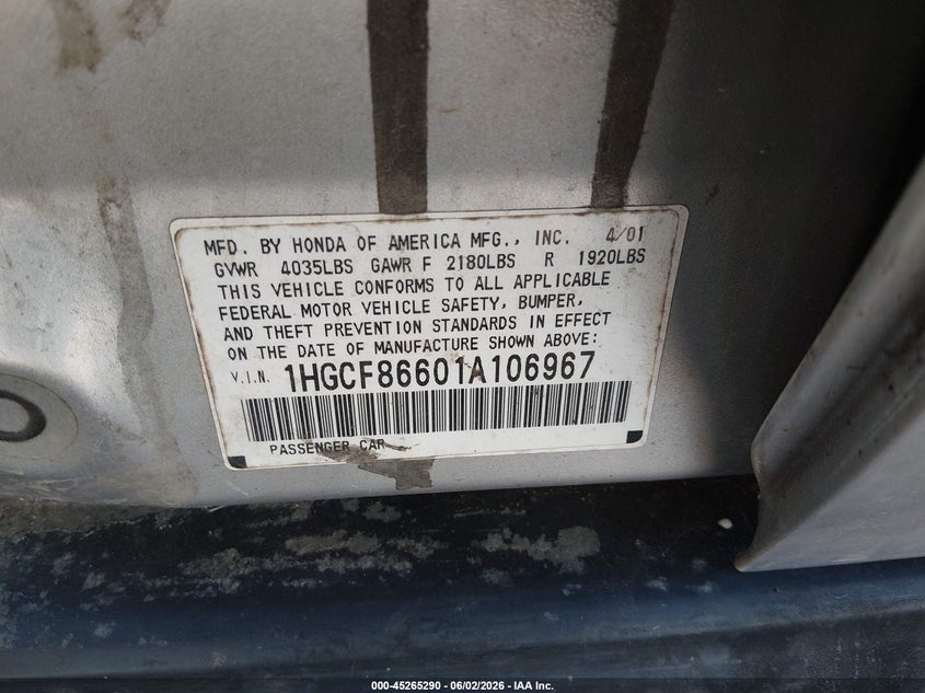 2001 Honda Accord Value Package VIN: 1HGCF86601A106967 Lot: 45265290
