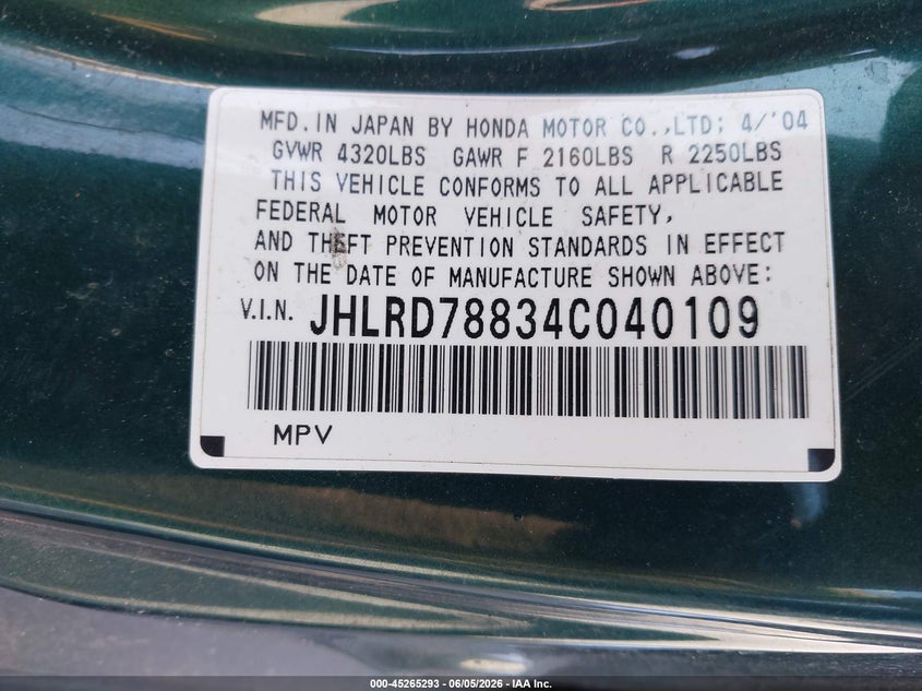 2004 HONDA CR-V SPORT UTILITY VEHICLE 2.4L I-4 DOHC, VVT, 160HP