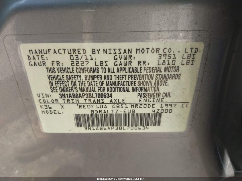 2011 Nissan Sentra 2.0S VIN: 3N1AB6AP3BL700634 Lot: 45265317