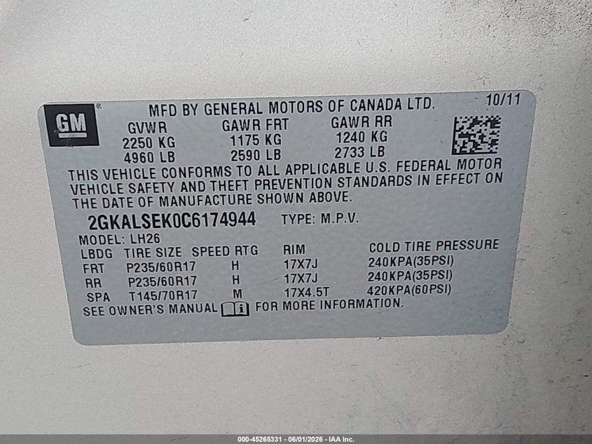 2012 Gmc Terrain 2.4 Sle-2 Gold Lot 111045265331 Vin 2GKALSEK0C6174944