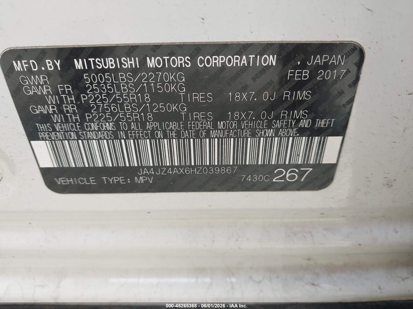 2017 Mitsubishi Outlander Gt VIN: JA4JZ4AX6HZ039867 Lot: 45265368