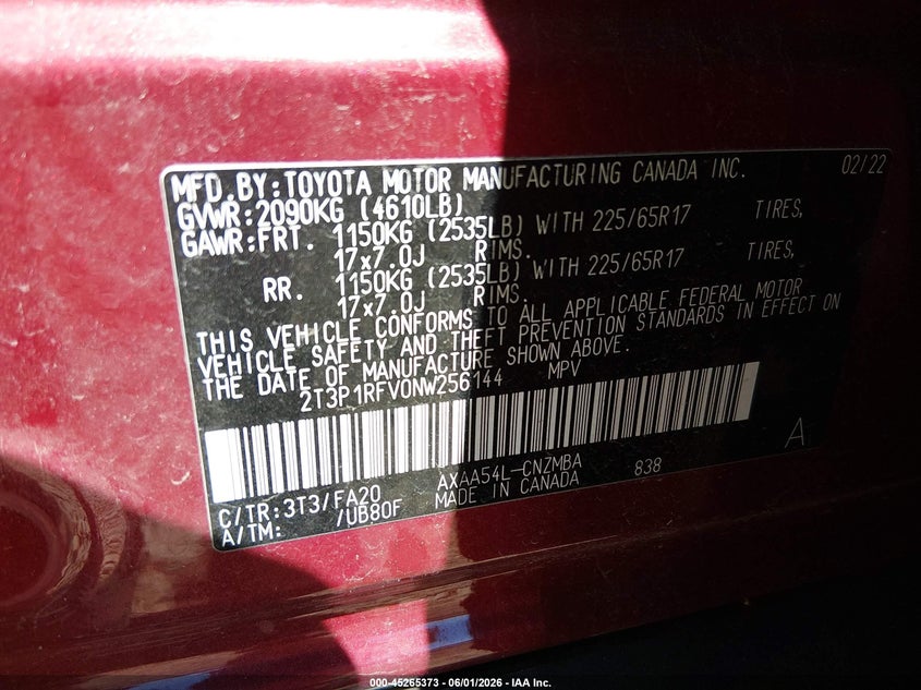 VIN 2T3P1RFV0NW256144 2022 TOYOTA RAV4 XLE