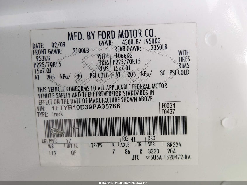 2009 Ford Ranger Xl VIN: 1FTYR10D39PA35766 Lot: 45265381