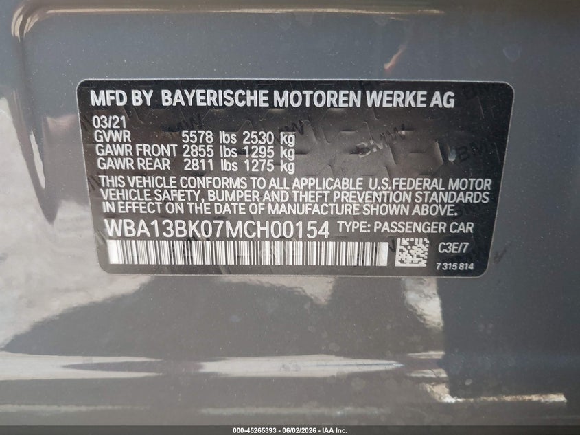 2021 BMW M550I xDrive VIN: WBA13BK07MCH00154 Lot: 45265393