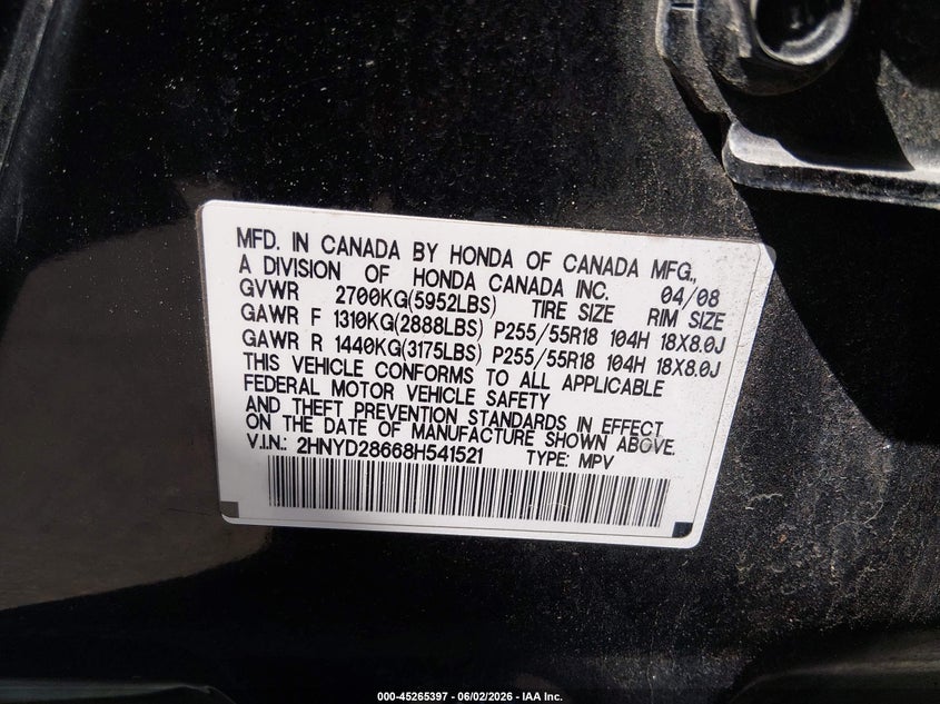 2008 Acura Mdx Technology Package VIN: 2HNYD28668H541521 Lot: 45265397