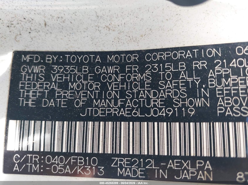 VIN JTDEPRAE6LJ049119 2020 TOYOTA COROLLA LE
