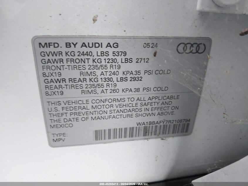 2024 Audi Q5 Premium Plus 40 Tfsi Quattro S Tronic VIN: WA1BBAFY7R2108794 Lot: 45265413
