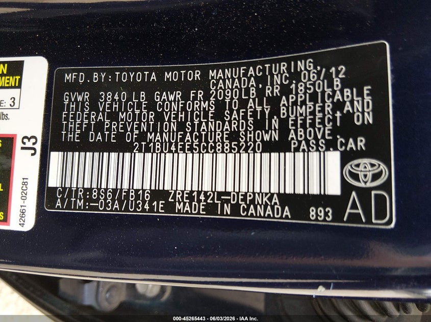 2012 Toyota Corolla 1.8 Le blue Lot 111045265443 Vin 2T1BU4EE5CC885220