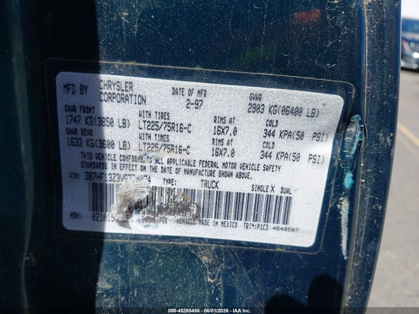 1997 Dodge Ram 1500 St VIN: 3B7HF13Z3VG779074 Lot: 45265456