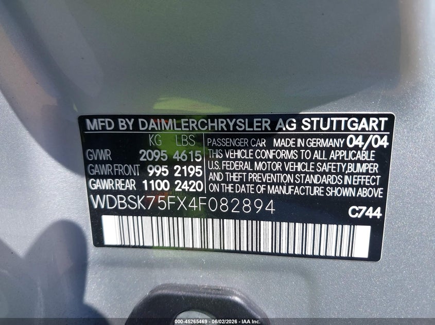 2004 Mercedes-Benz Sl 500 VIN: WDBSK75FX4F082894 Lot: 45265469