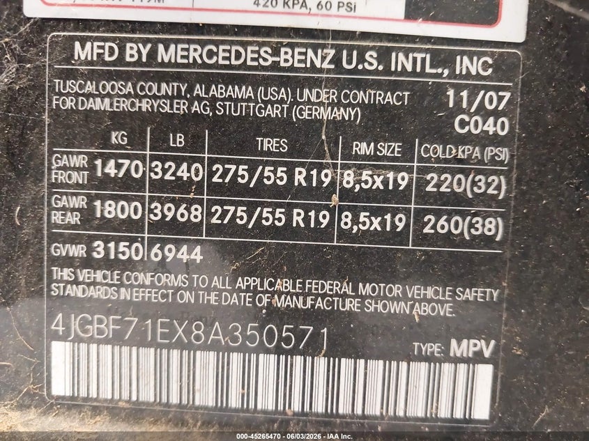 2008 Mercedes-Benz Gl 450 4Matic VIN: 4JGBF71EX8A350571 Lot: 45265470