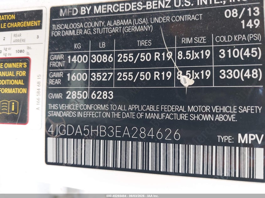 2014 Mercedes-Benz Ml 350 4Matic VIN: 4JGDA5HB3EA284626 Lot: 45265484