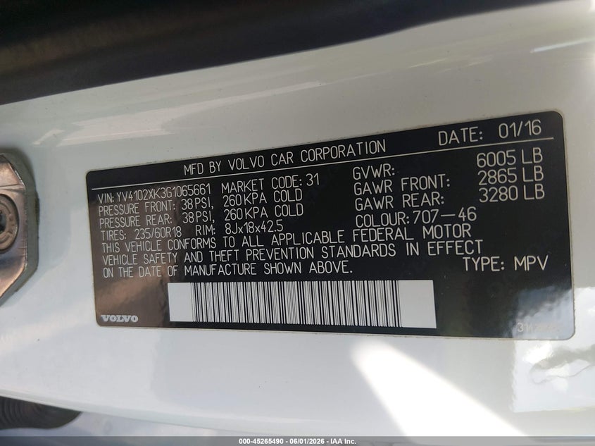 2016 Volvo Xc90 T5 Momentum VIN: YV4102XK3G1065661 Lot: 45265490