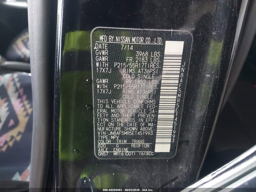 2014 Nissan Juke Sl VIN: JN8AF5MR5ET451993 Lot: 45265493