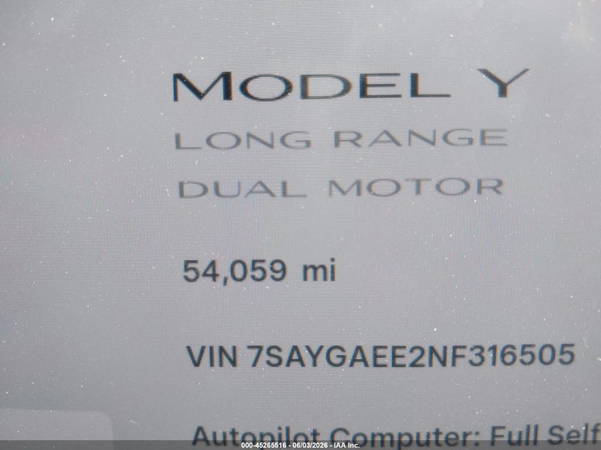 2022 Tesla Model Y Long Range Dual Motor All-Wheel Drive VIN: 7SAYGAEE2NF316505 Lot: 45265516