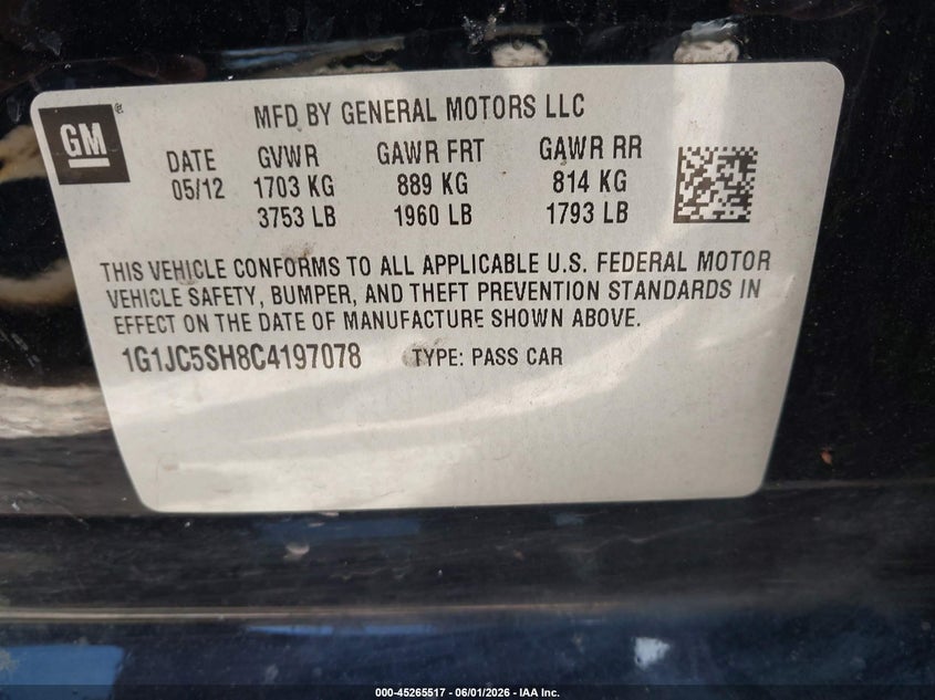 2012 Chevrolet Sonic 2Lt VIN: 1G1JC5SH8C4197078 Lot: 45265517