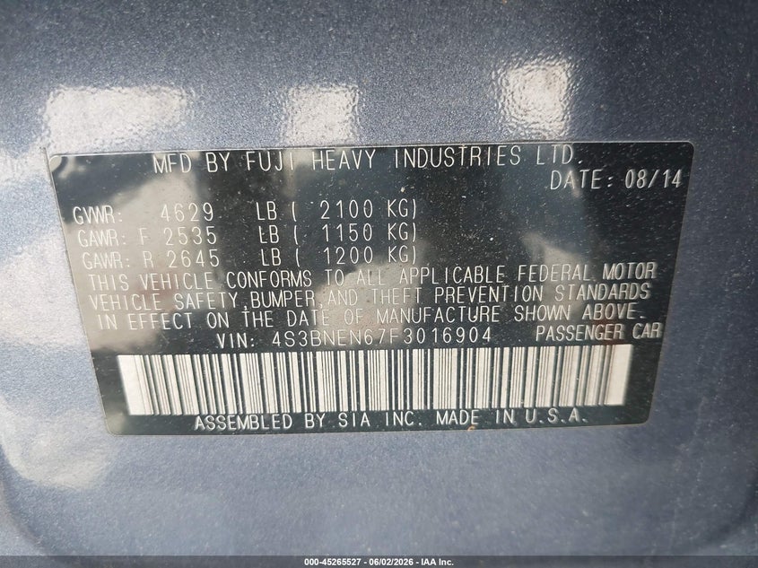 2015 Subaru Legacy 3.6R Limited VIN: 4S3BNEN67F3016904 Lot: 45265527