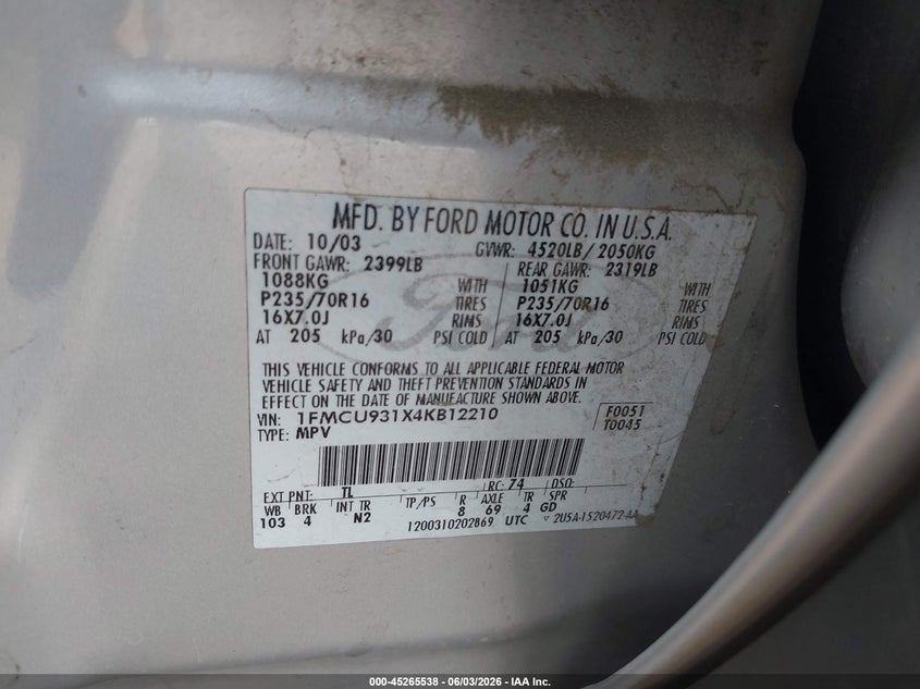 2004 Ford Escape Xlt VIN: 1FMCU931X4KB12210 Lot: 45265538