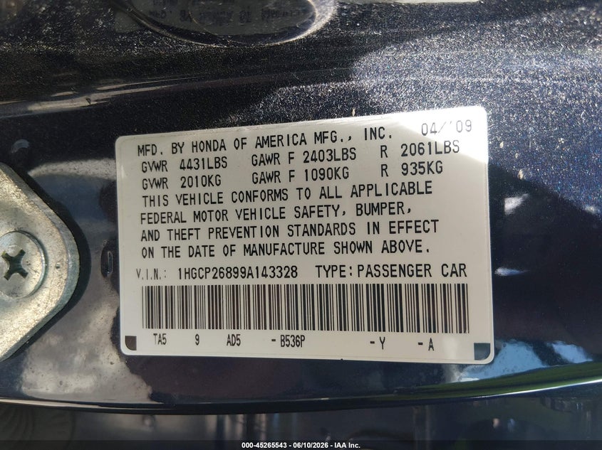 2009 Honda Accord 2.4 Ex-L VIN: 1HGCP26899A143328 Lot: 45265543