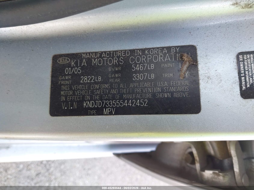 2005 Kia Sorento Ex/Lx VIN: KNDJD733555442452 Lot: 45265544