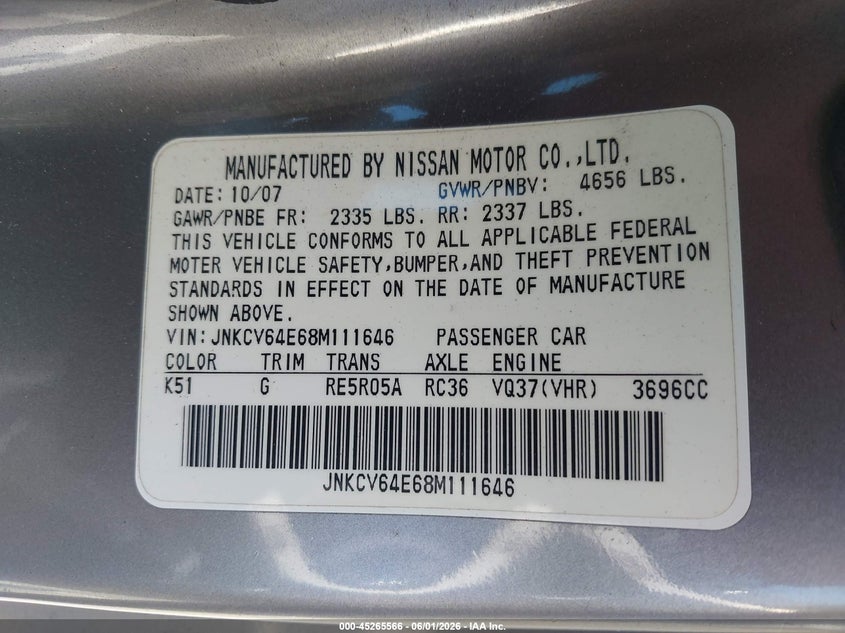 2008 Infiniti G37 Journey VIN: JNKCV64E68M111646 Lot: 45265566