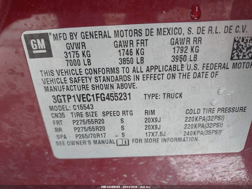 2015 GMC Sierra 1500 Slt VIN: 3GTP1VEC1FG455231 Lot: 45265588