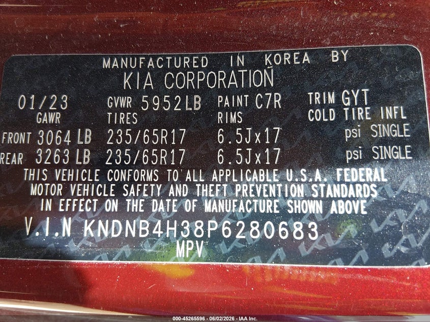 2023 Kia Carnival Mpv Lx Seat Package VIN: KNDNB4H38P6280683 Lot: 45265596