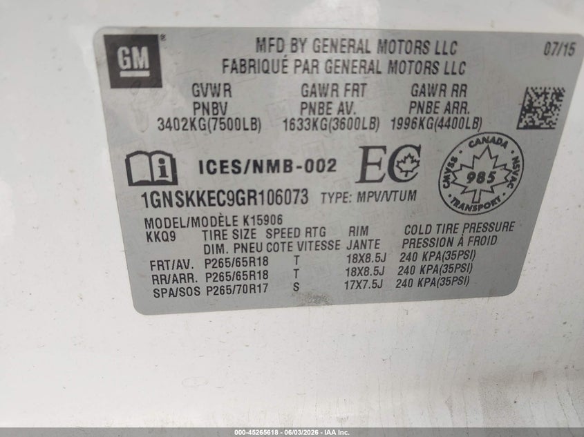 2016 Chevrolet Suburban Commercial Fleet VIN: 1GNSKKEC9GR106073 Lot: 45265618