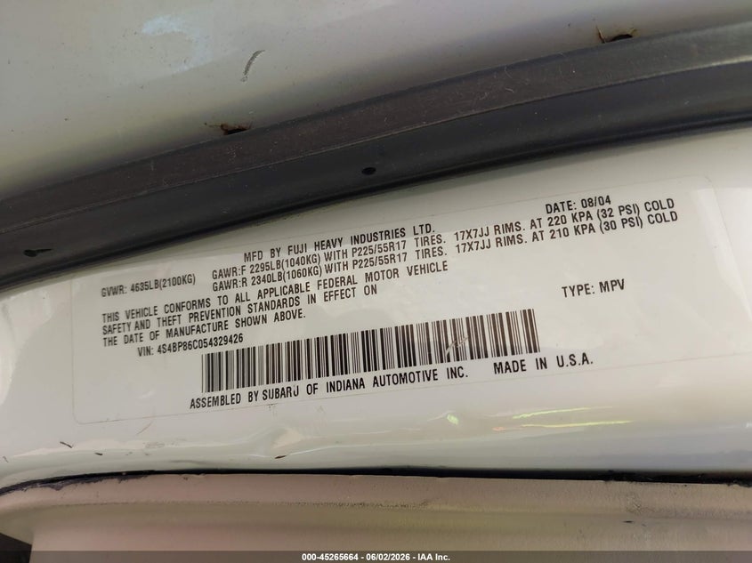 2005 Subaru Outback 3.0R L.l. Bean Edition VIN: 4S4BP86C054329426 Lot: 45265664