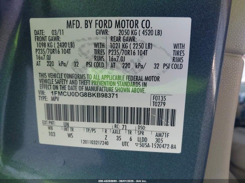 2011 Ford Escape 3.0 Xlt blue Lot 111045265690 Vin 1FMCU0DG8BKB98371